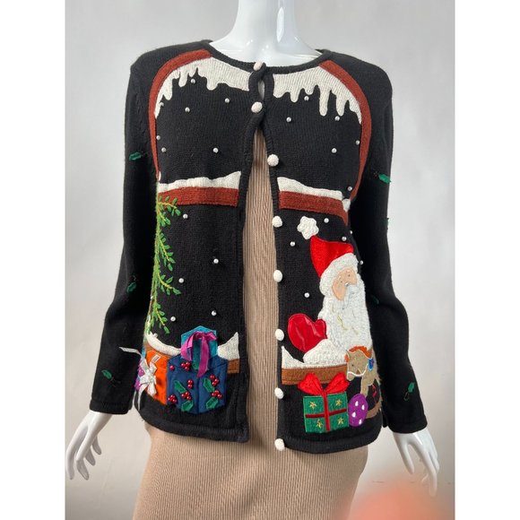 Hampshire Studio Christmas Holiday Cardigan Sm Blk Santa 55% Ramie, 45% Cotton - Picture 1 of 16